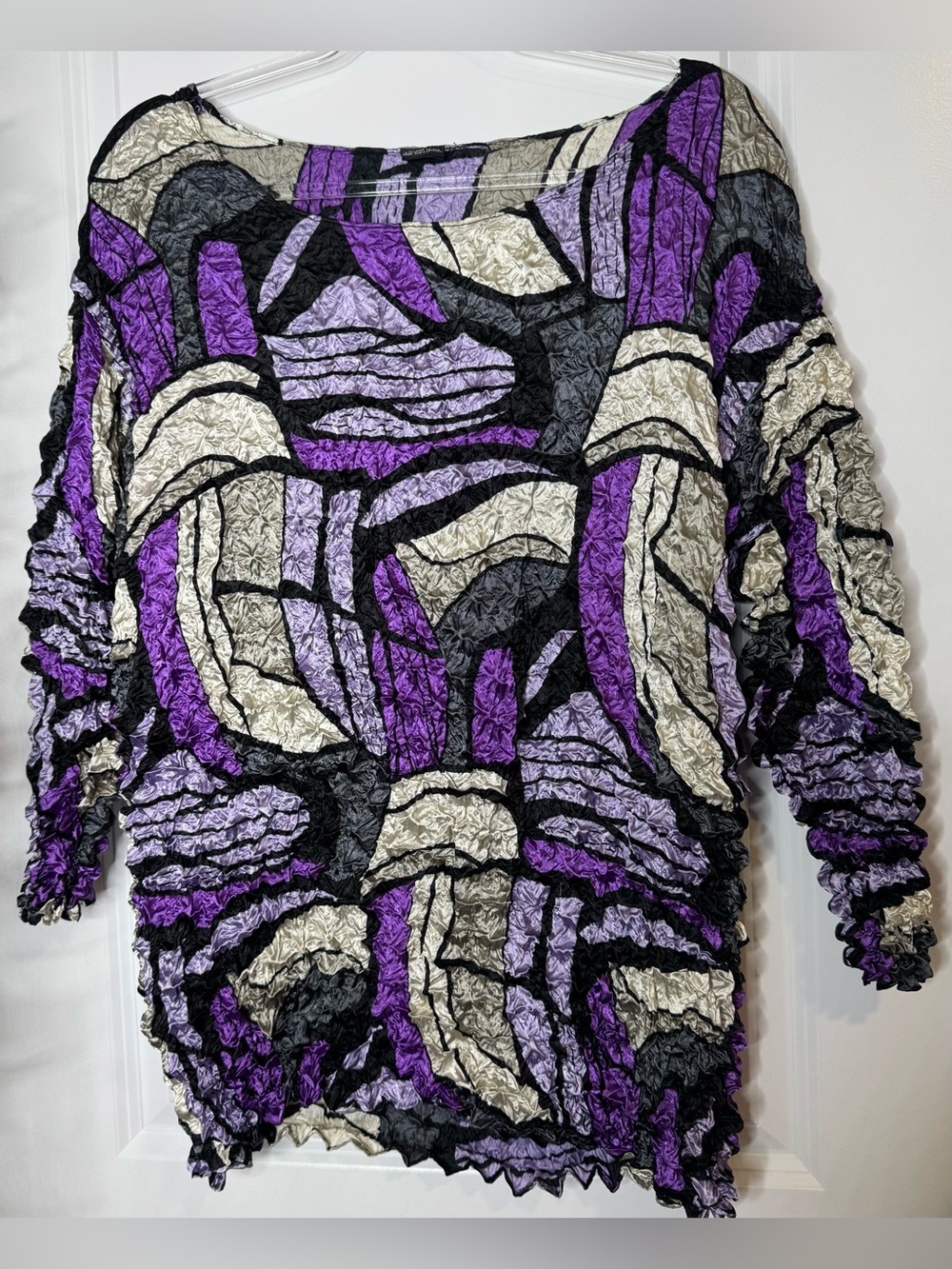 Magic Purple, Black & Cream Textured Crinkle Blouse long sleeve stretch sz LG